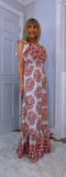 Nolan Boho Maxi Dress –Pink & Ecru, Flutter Sleeves, Elasticated Waist