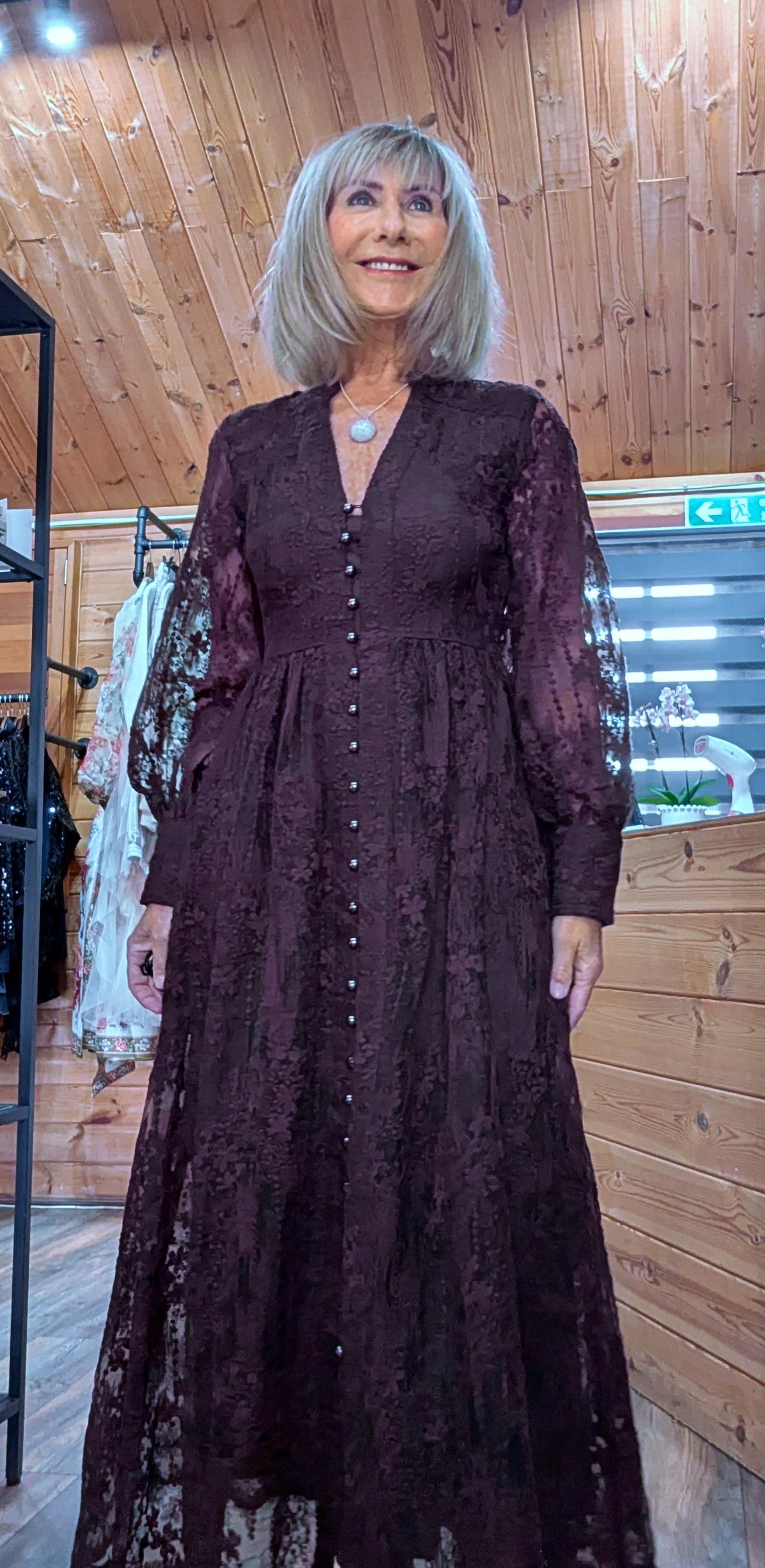 Marsha Coffee Lace Smock Dress – Pearl Button Front - Grandad Collar