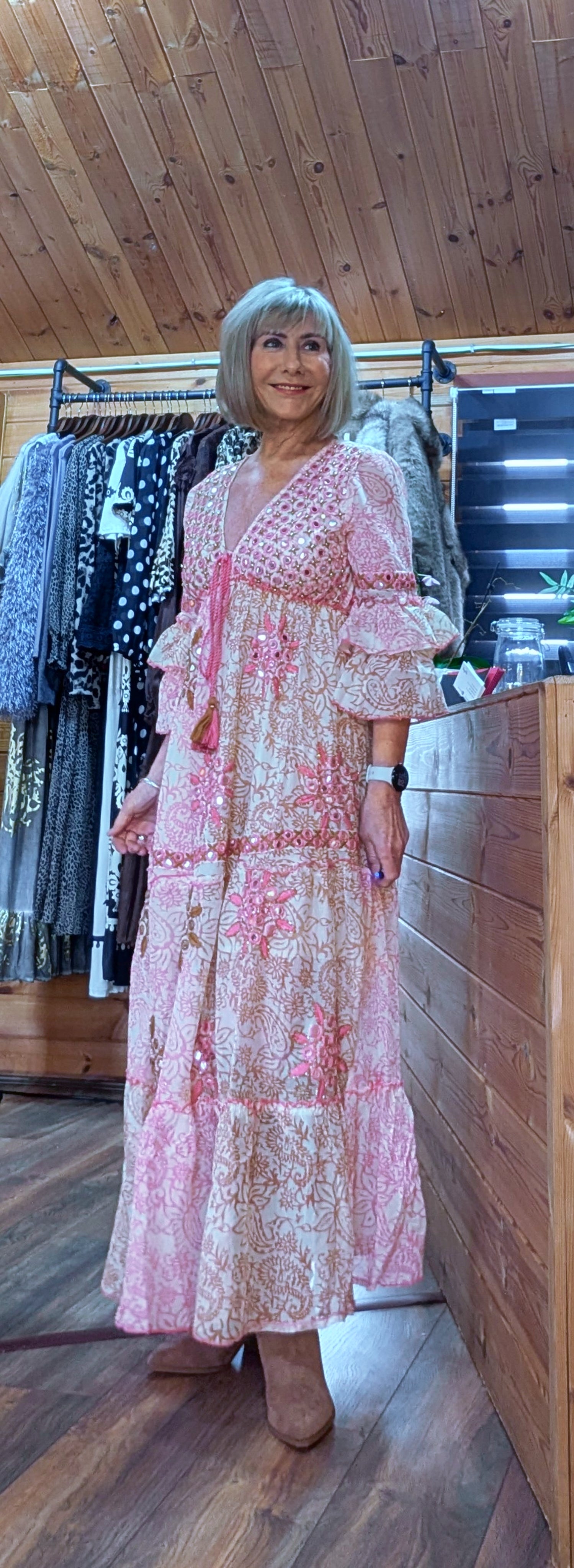 Clara Pink Boho Maxi Dress – Embroidered, Sequinned Made of  Cotton