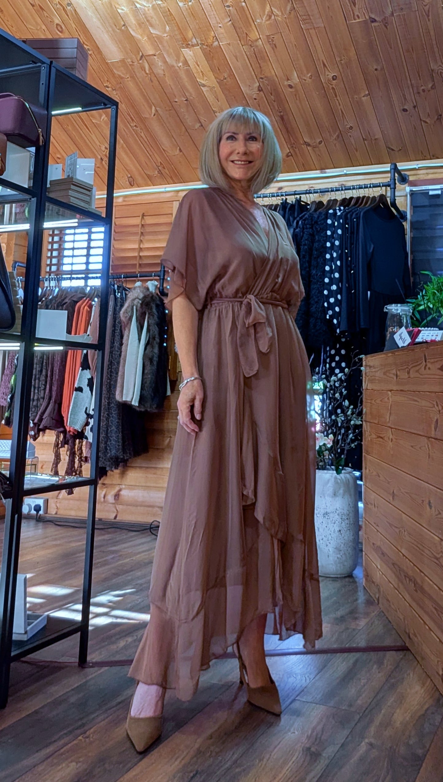 Elaine Silk Midi Wrap Dress with Tie Belt in  Chocolate