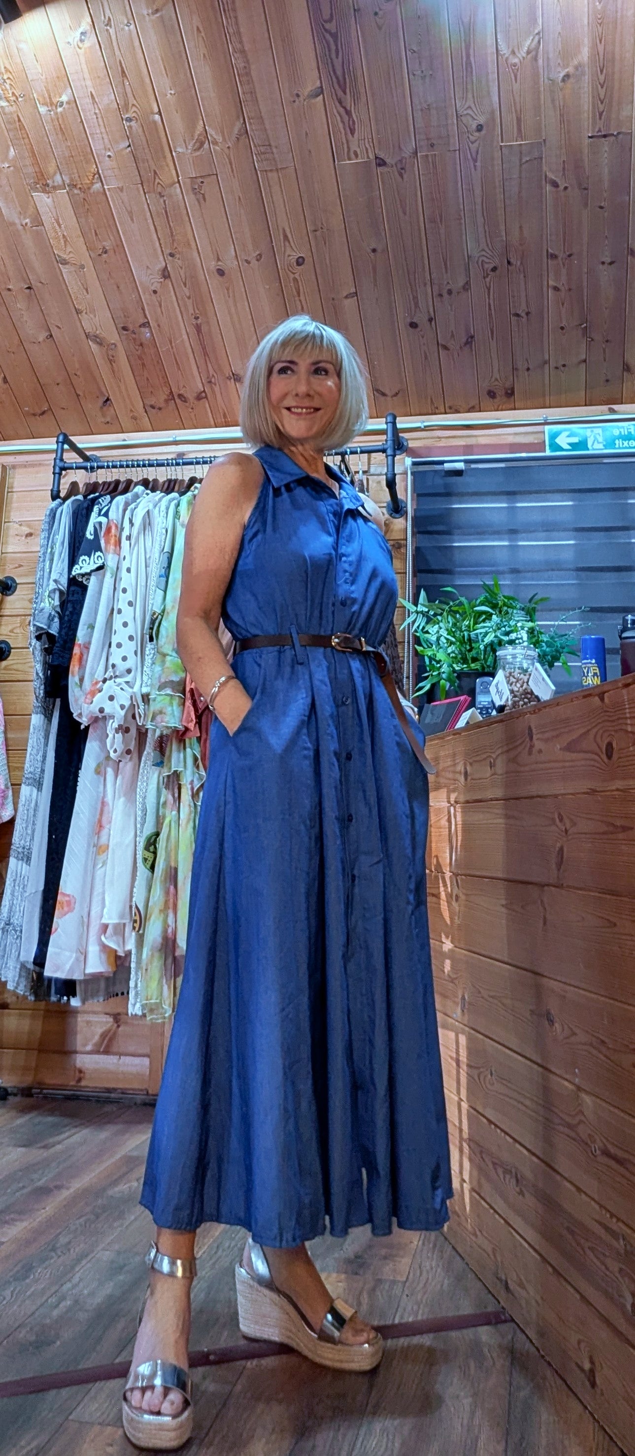 Blue cotton button-through maxi dress styled with belt