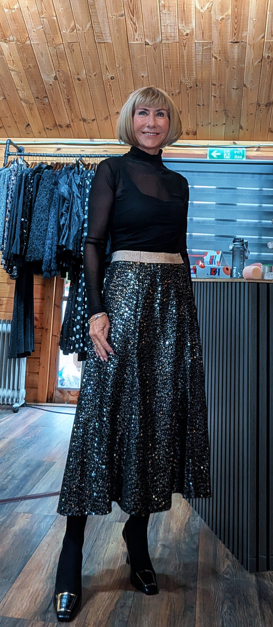 Coralie Sequin Silver Skirt With  Gold Glitter Waistband