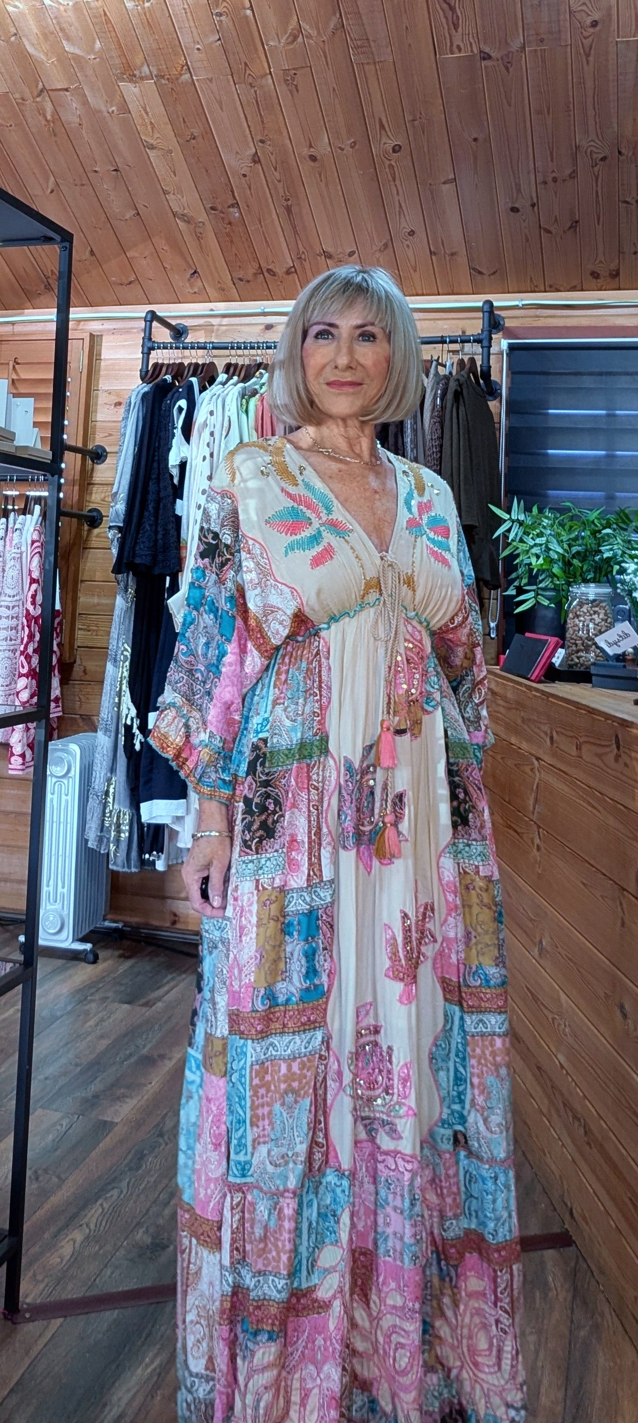 Ember Boho Maxi Dress – Multicoloured Viscose Patchwork Dress