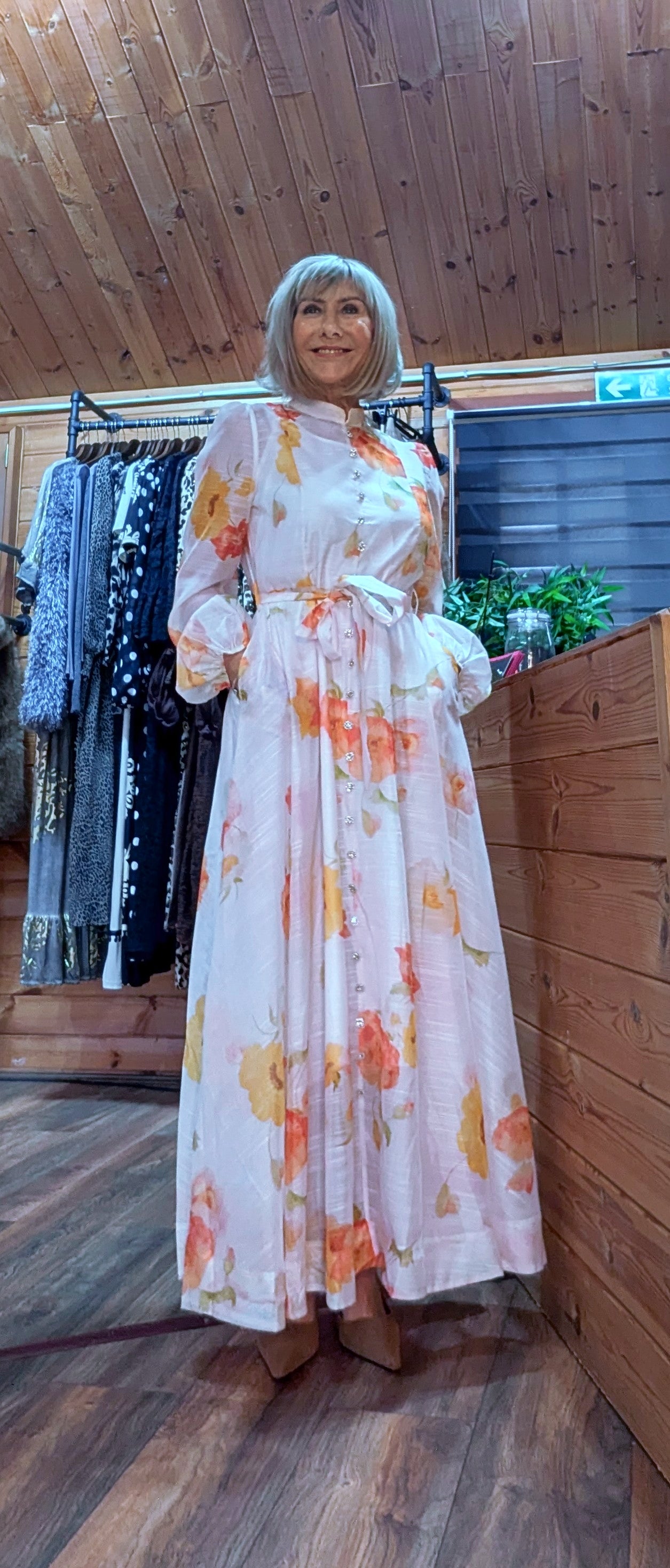 Eunice  Dress Bright Orange and Yellow Floral Print Dress With Tie Belt