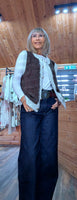 Colleen Sleeveless Cardigan – Cocoa with Ivory Border & Gold Buttons