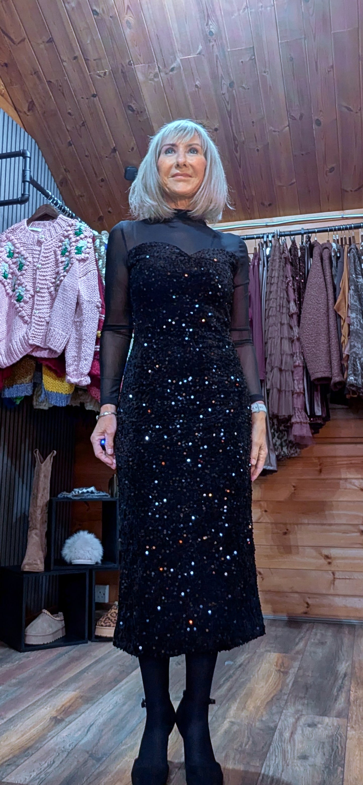 Audrey Sheer High-Neck Dress – Velvet Feel with Sequin Detail Black