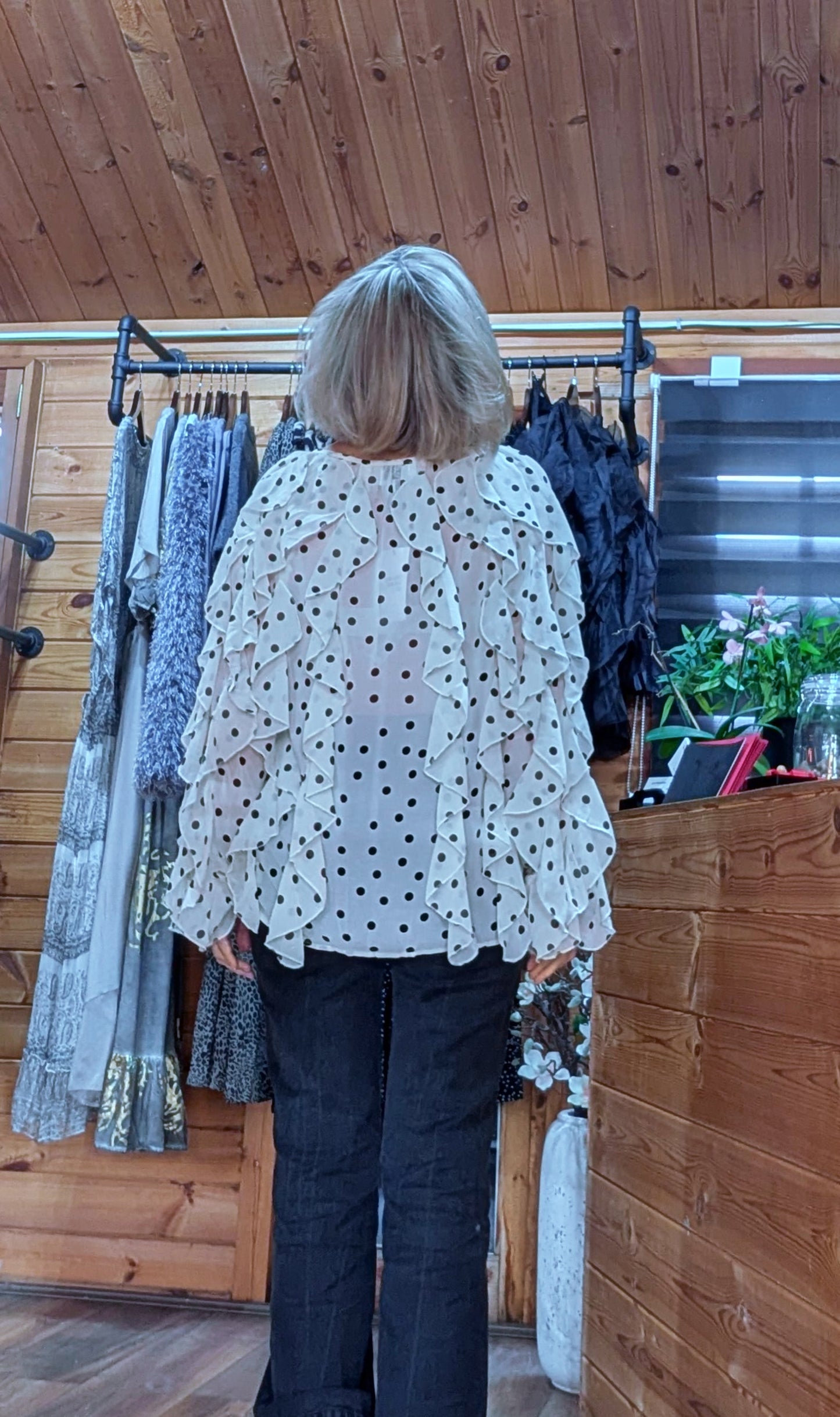Ashley Blouse – Statement Frilled Blouse - Ivory with Polka Dots