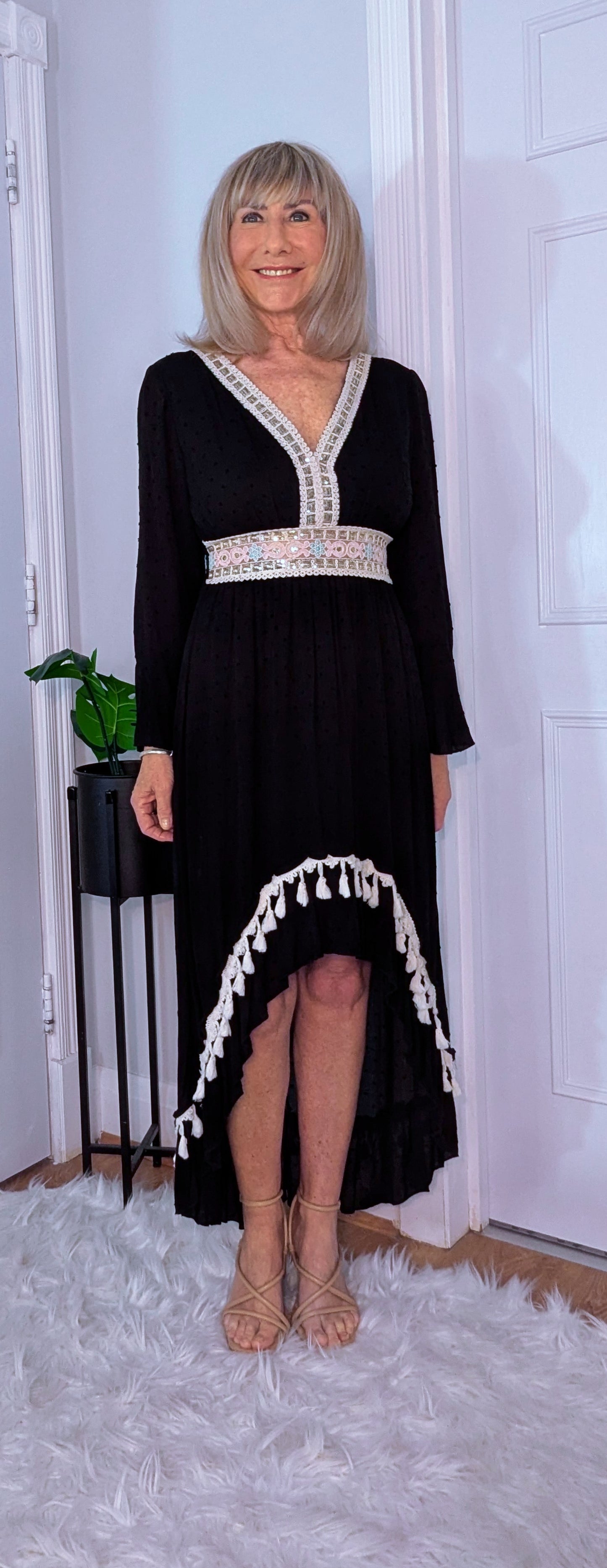 Philly High-Low Boho Dress – Black with Ivory  Pink Sequin Detail