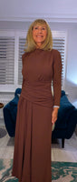 Rusty Ruched Dress – Autumnal Rust with Drop Waist & Slash Neck