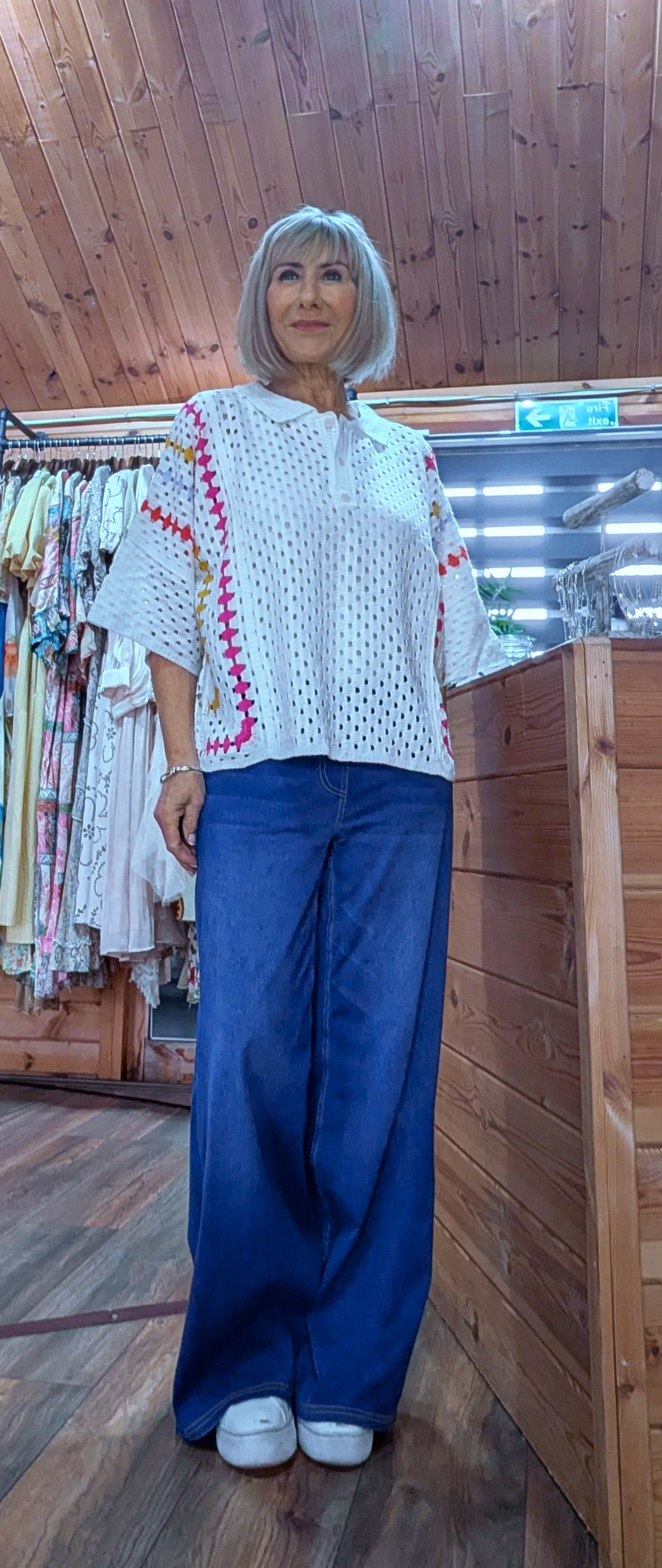 Women’s oversized crochet collared top with 3 button neckline