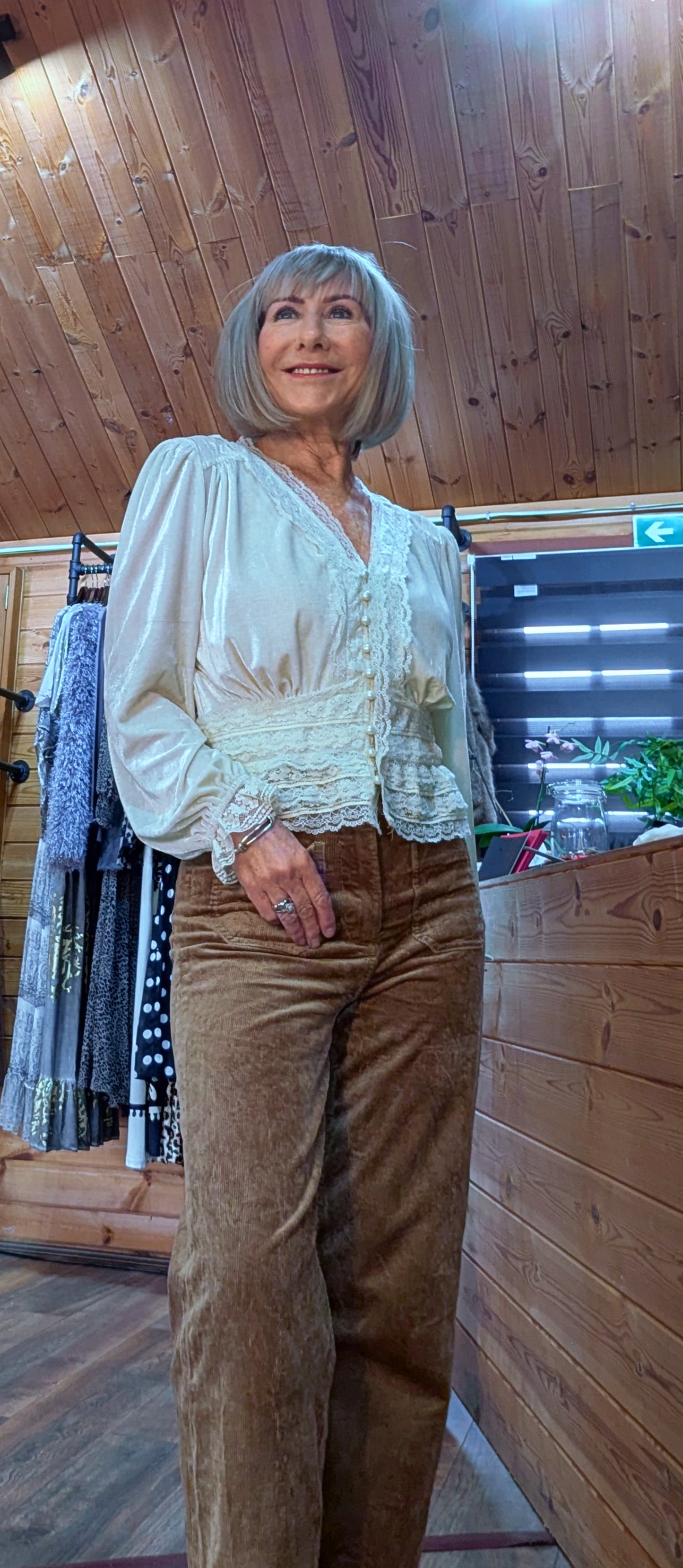 Vixen Cream Velvet Blouse –  Lace Tailored Waist