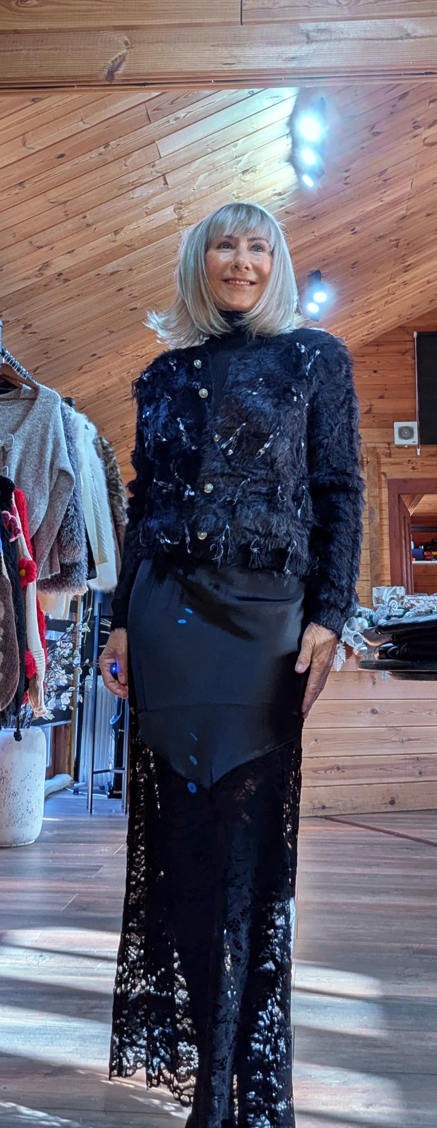 Shylo Black Faux Fur Look Evening Cardigan – Pearl Sparkle Button