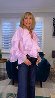 Dahlia Ruffle Blouse – V-Neck Puff Sleeve Top- Pink