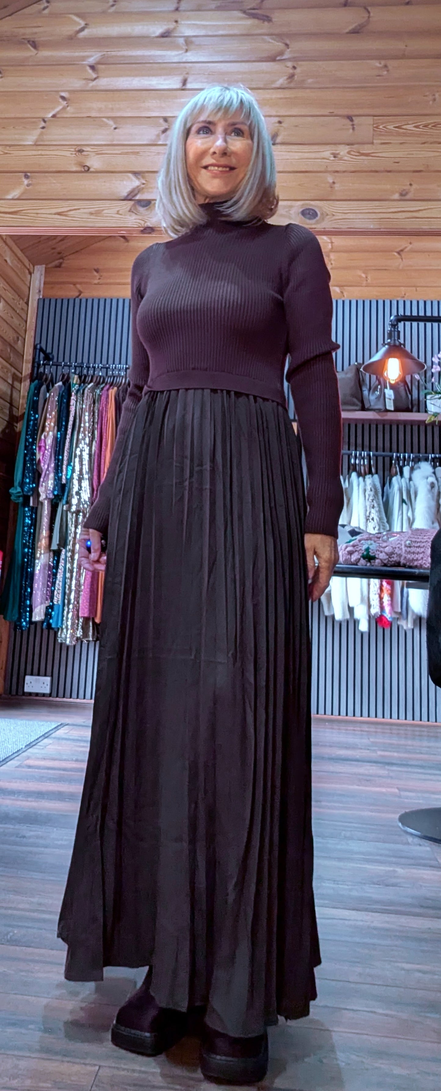 Haley Sweater Dress – High Neck with Pleated Maxi Skirt in Coffee or Black