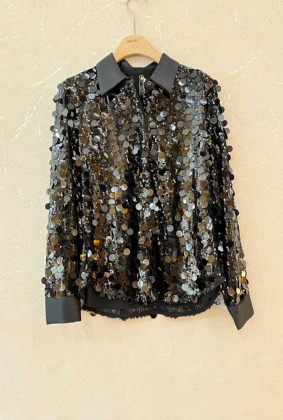 Shania Black Sequin Blouse – Satin Collar & Cuffs