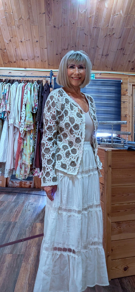 Piper Taupe Crochet Cardigan  worn with our Camilla Gypsy skirt