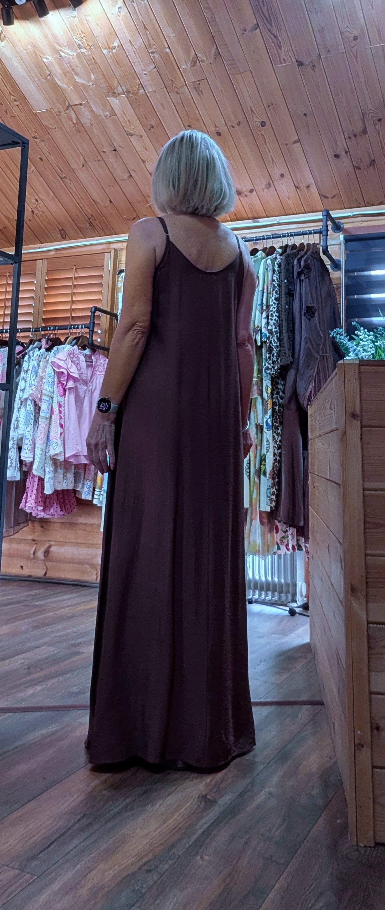 Rear view Di wearing Anastasia brown maxi dress at DitsyDi