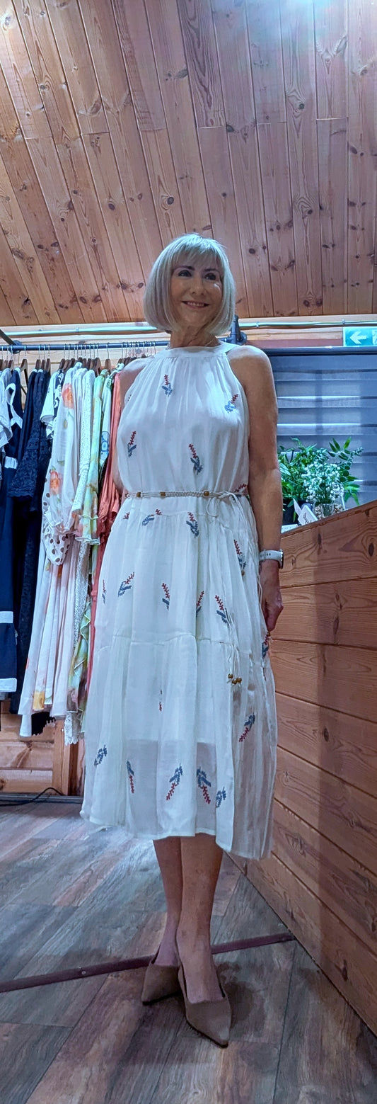 Amelda Cream Silk Embroidered Midi Dress With Beaded Belt