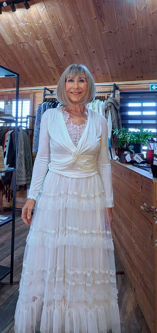 Lourdes Embroidery Frill Tulle Skirt – Ivory, Fully Lined