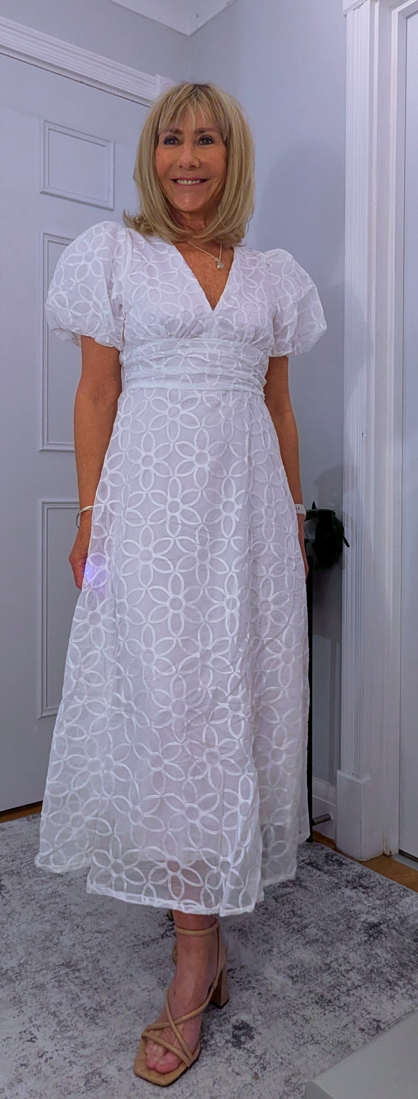 Blanche White Prairie Dress – Embossed Puff Sleeve Elegance