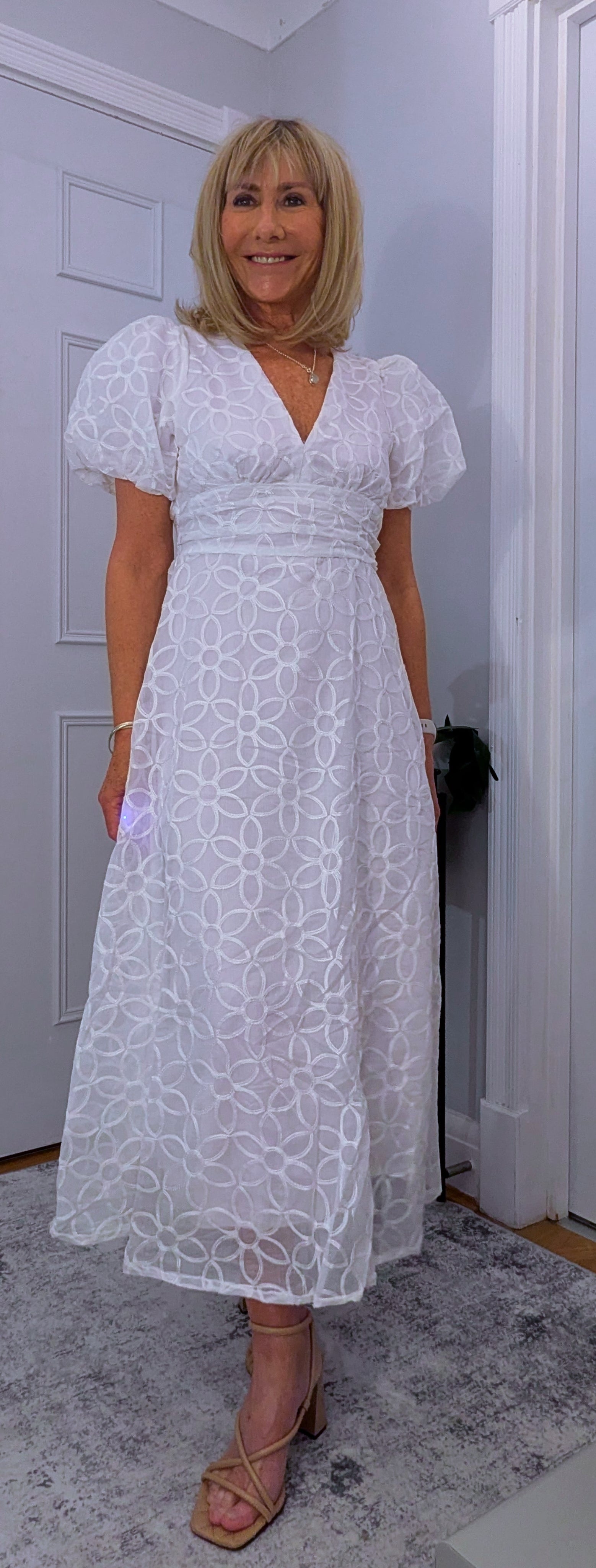 Blanche White Prairie Dress – Embossed Puff Sleeve Elegance
