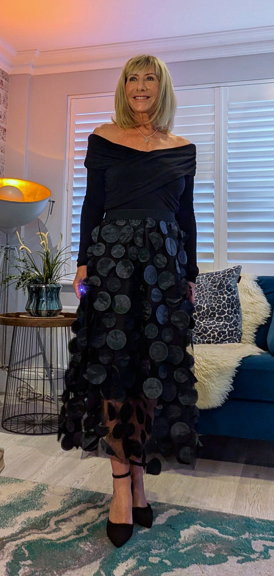 Brigitte Black Tulle Skirt with 3D Circles  with elasticated waist