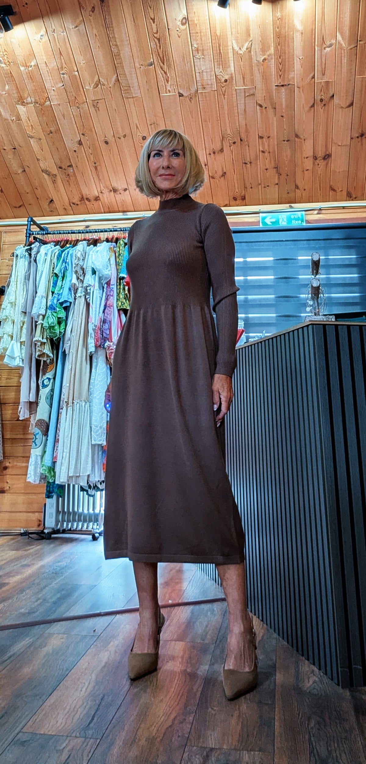 Autumn style sweater style midi dress in light chocolate