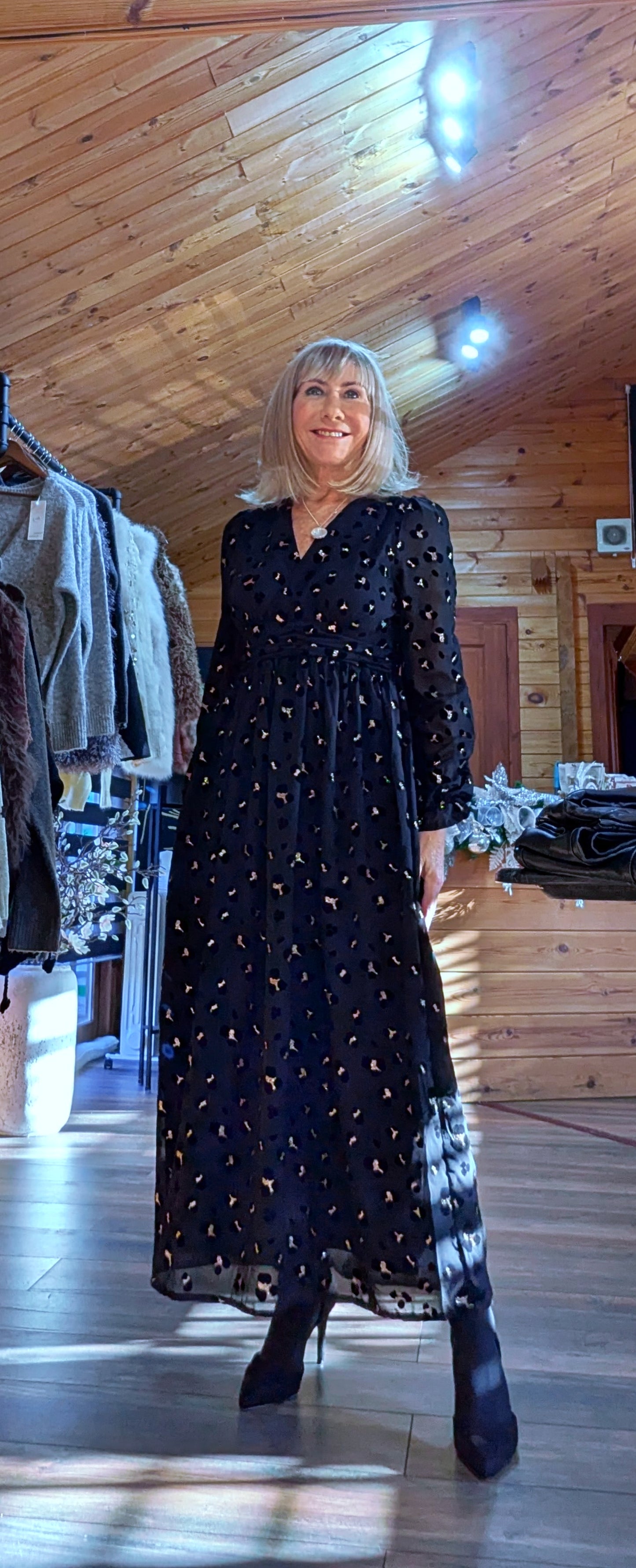 Lillie Black and Gold Sequin Velvet Dress – Leopard Print, Fully Lined
