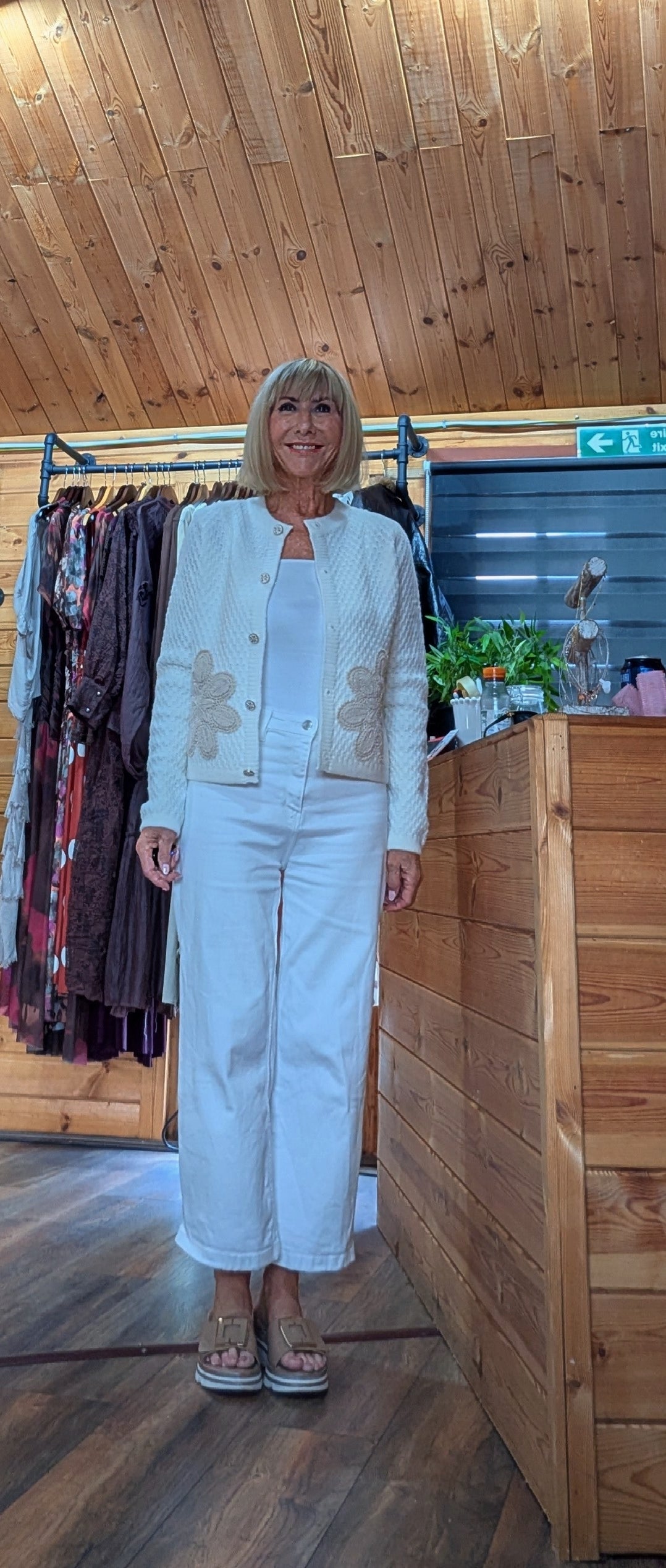 Aviary ivory textured knit cardigan with floral appliqué detail, one size UK 8–14.
