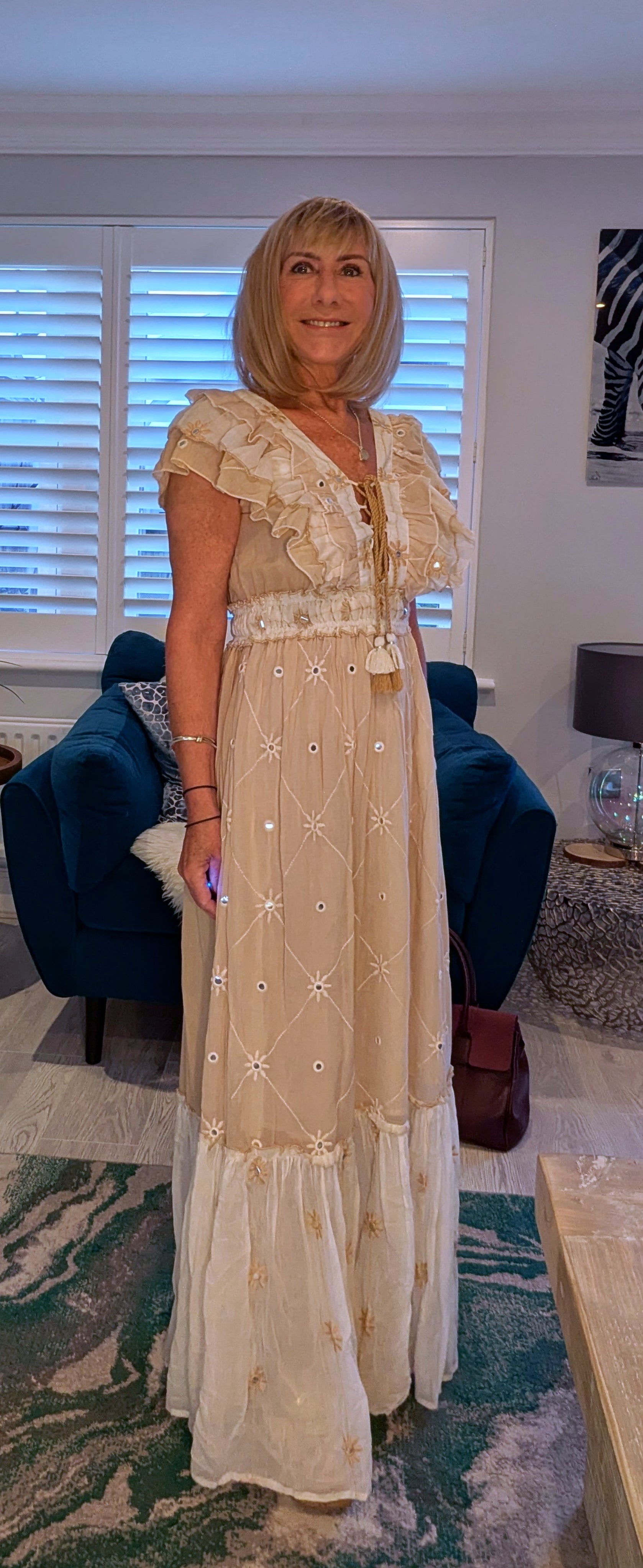 Thea Bohemian Dress in Cream and White with Tassels