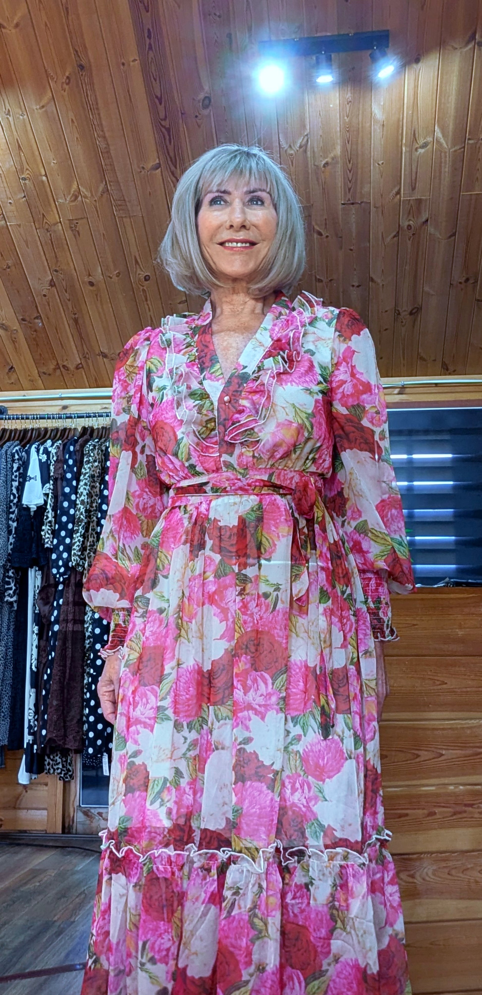 Luna Floral Crepe Maxi Dress in Pink- Green with Frill V-Neck