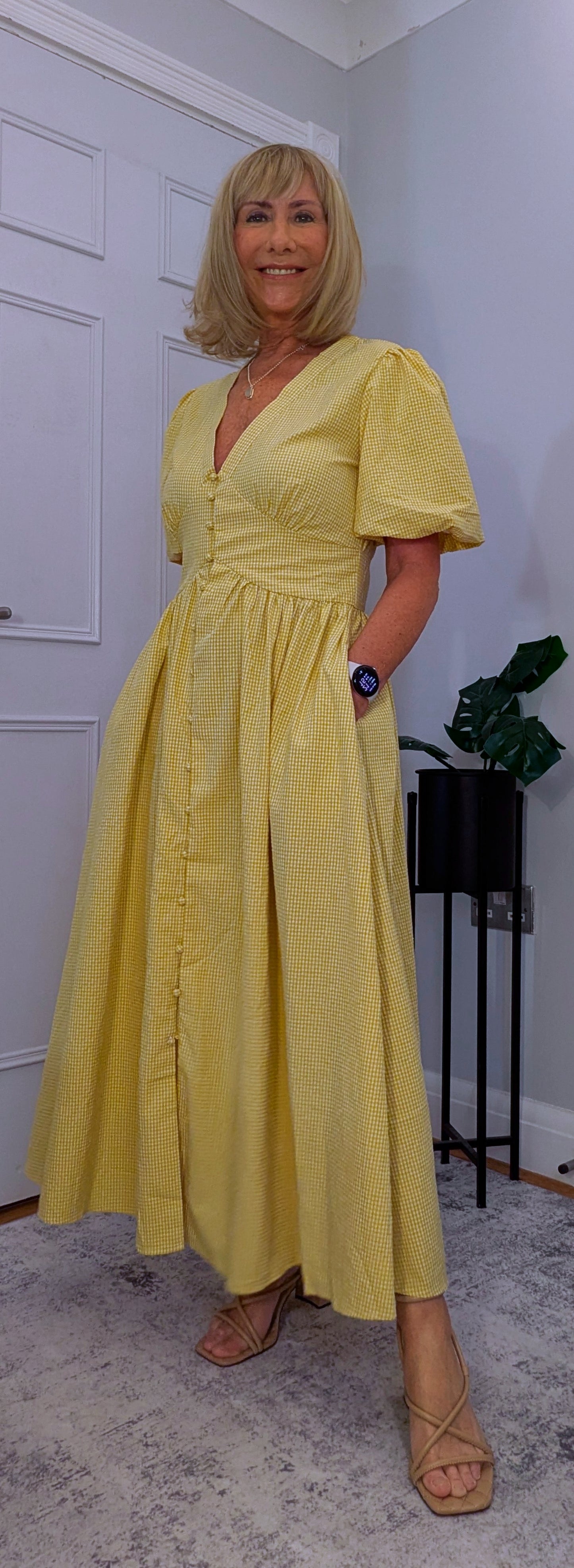 Bethany Yellow Gingham Midi Dress Vintage Puff Sleeve Style