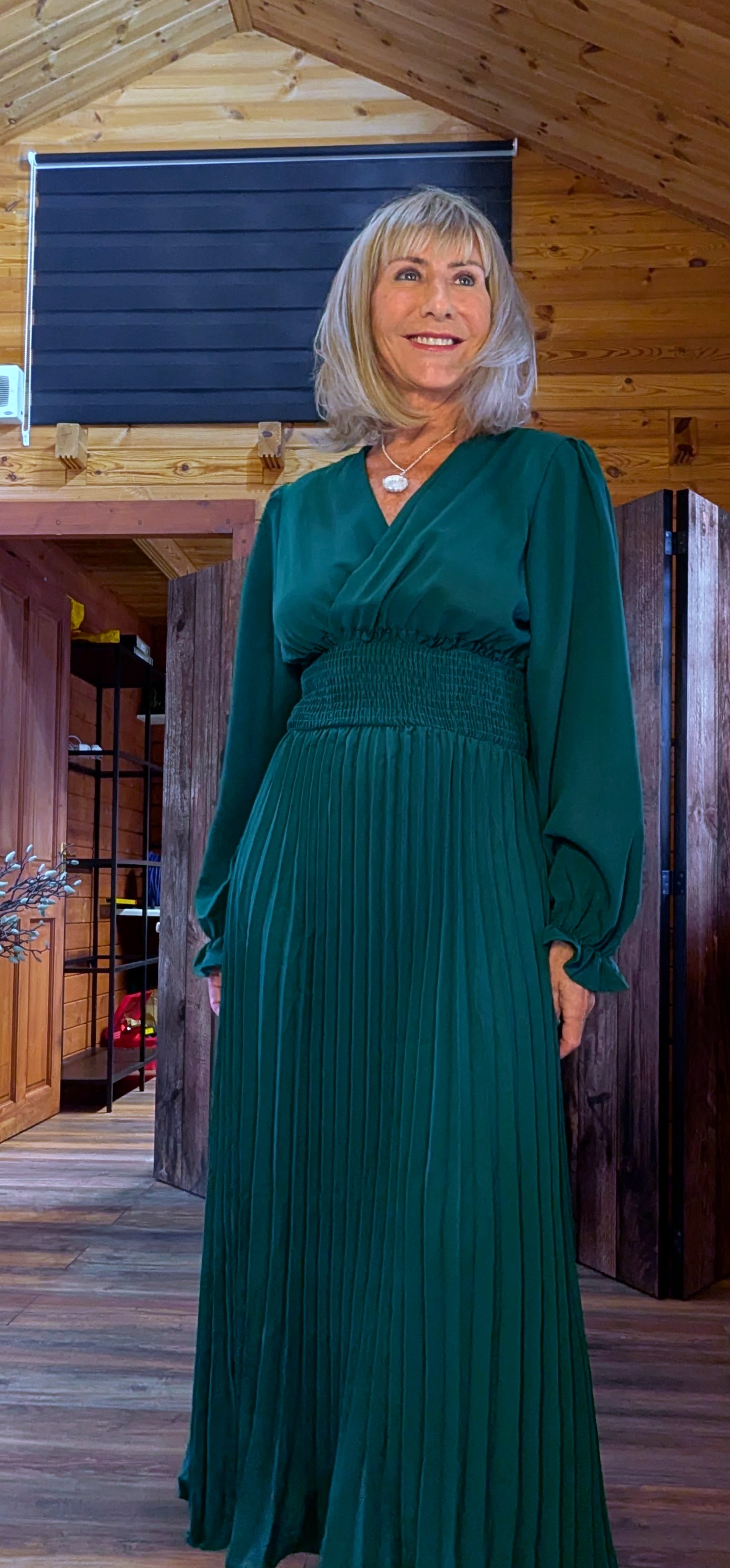 Laura Emerald Green Midi Dress – Shirred Waist with Pleated Skirt