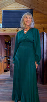 Laura Emerald Green Midi Dress – Shirred Waist & Pleated Skirt