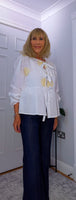 Melanie Cotton Smock Blouse – White or Cream with Gold Embroidery