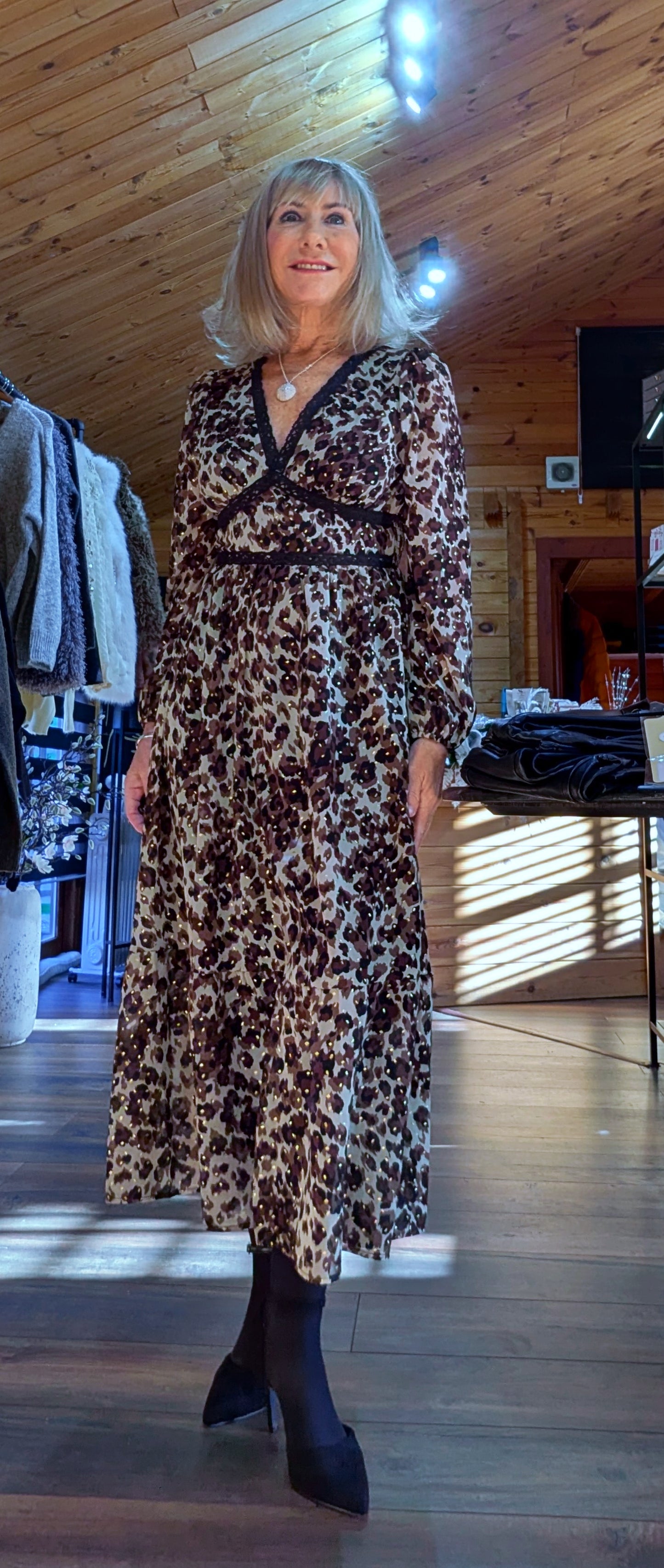 Caterina Leopard Print Dress – Lace Trim -Gold Accents