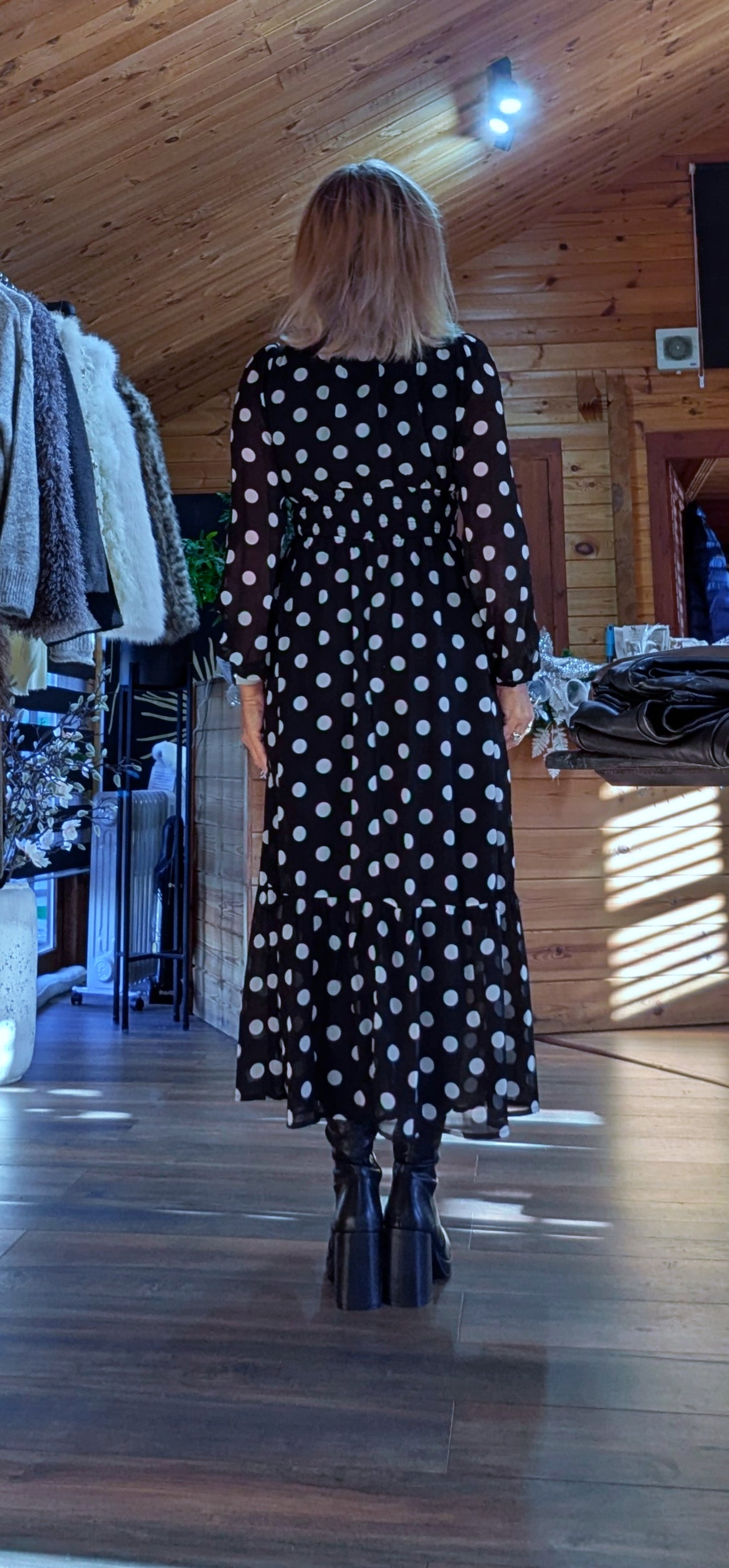 Hazel Polka Dot Print Lace Trim Long Sleeve Midi Dress In Black