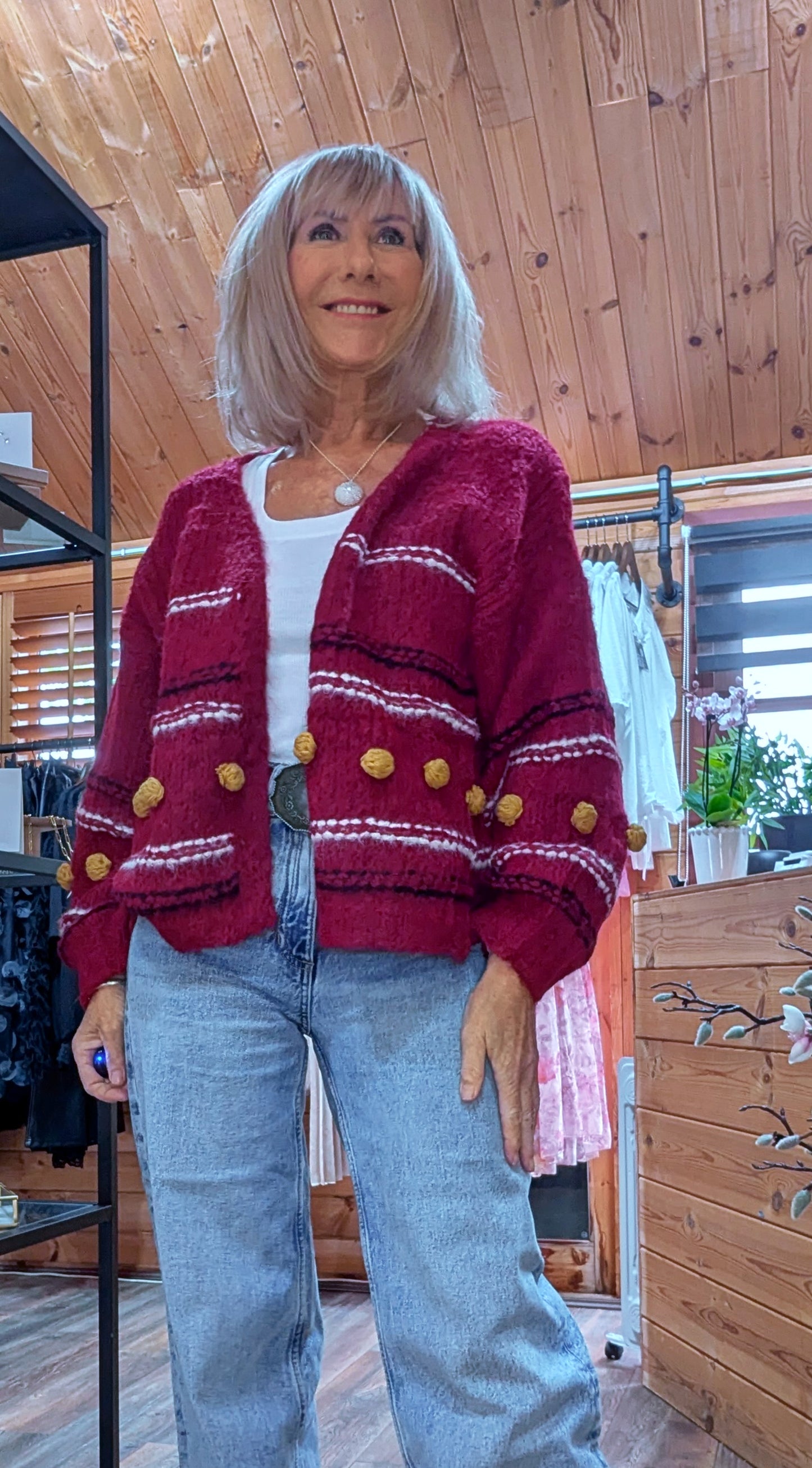 Pansy Chunky Cardigan – Deep Red with Balloon Sleeves- Mustard Bobbles