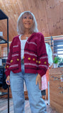 Pansy Chunky Cardigan – Deep Red with Balloon Sleeves & Mustard Bobbles