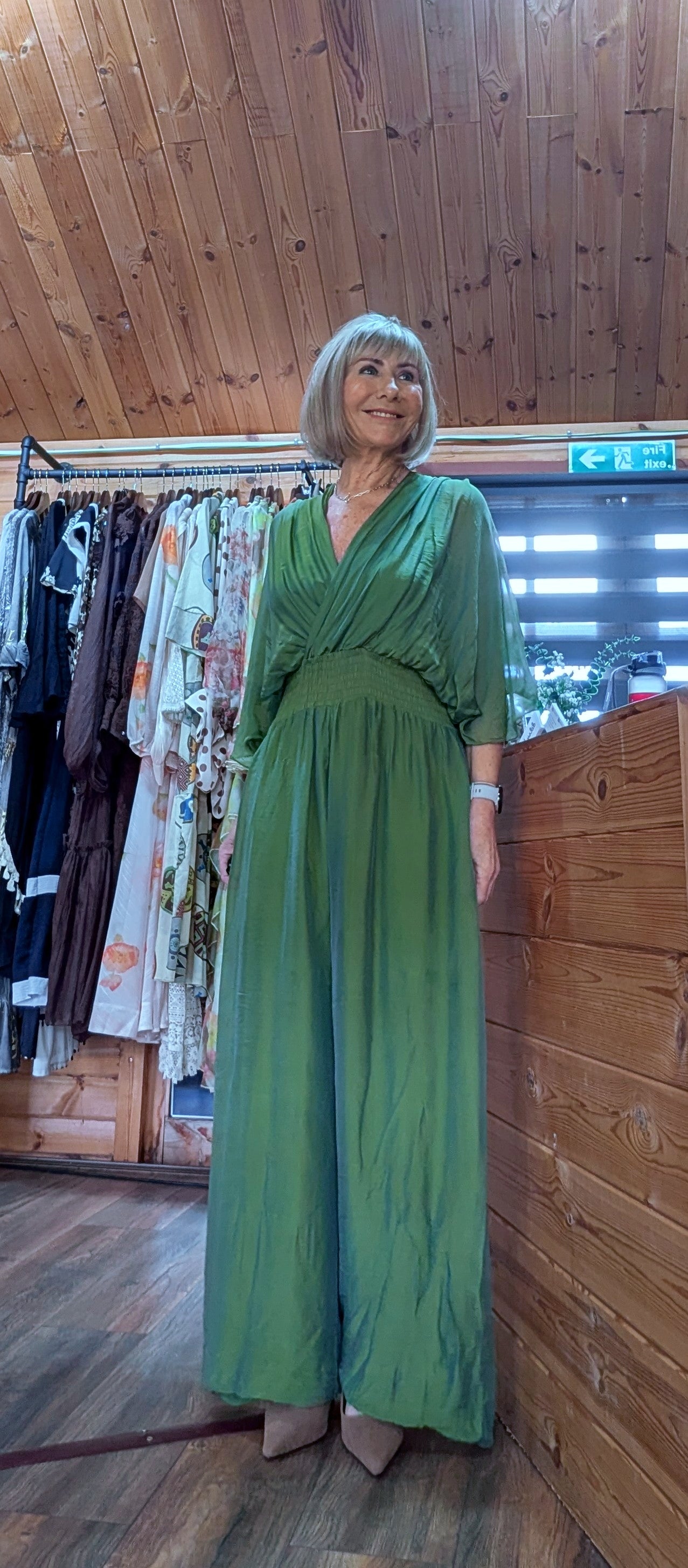 Josie Silk Blend  Jumpsuit – Olive Green