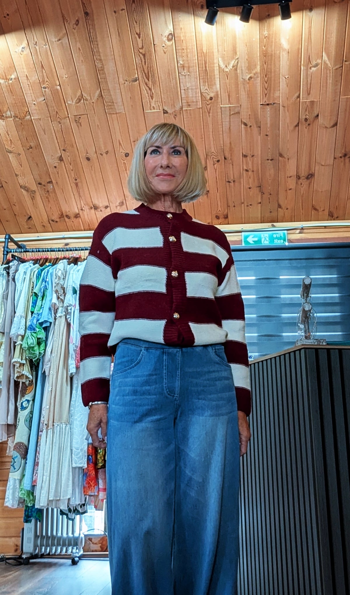 Gretchen burgundy striped knitted cardigan with gold-tone buttons