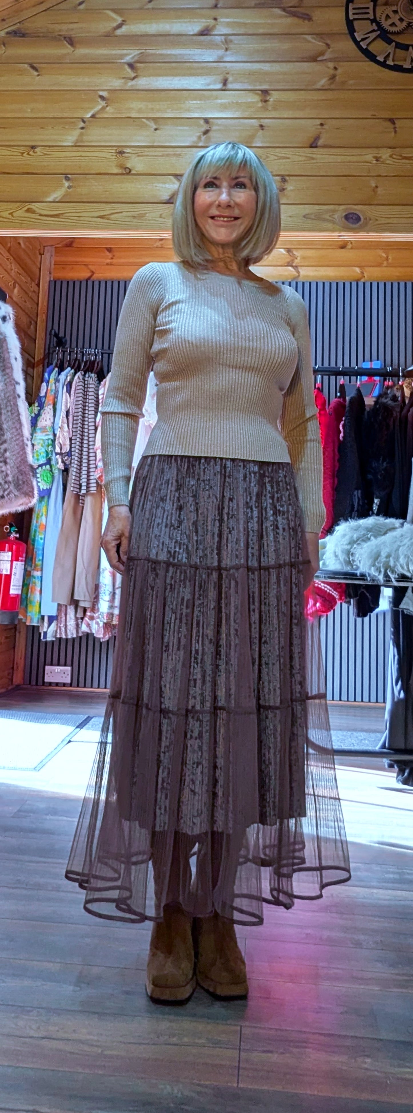 Rula Crew -Neck Fitted Sweater – Soft Knit with Gold Shimmer and Erin Chocolate Tiered Crepe Skirt – Sheer Overlay with Velvet Underlay