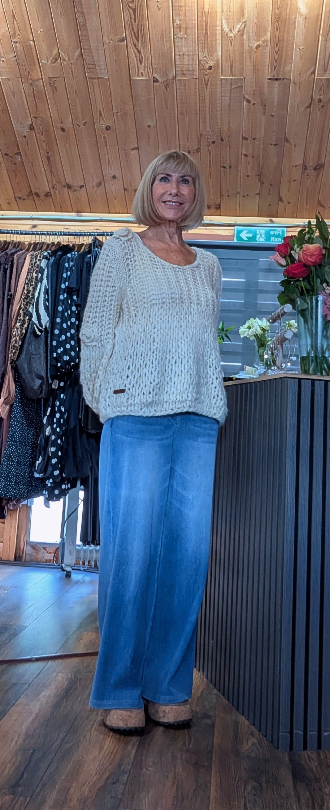 Women’s handmade cream jumper with open stitch detailing