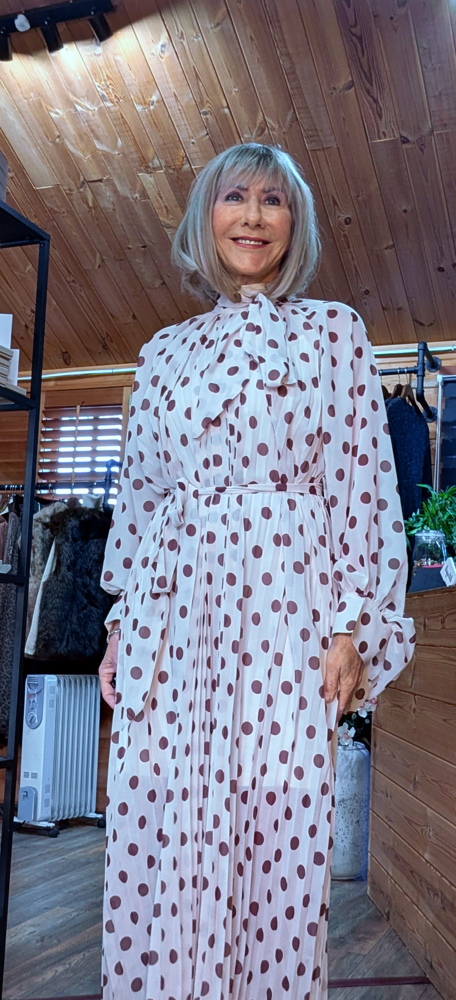 Natalya Ivory Polka Dot Pleated Dress Elegant Long Sleeve Occasion Dress