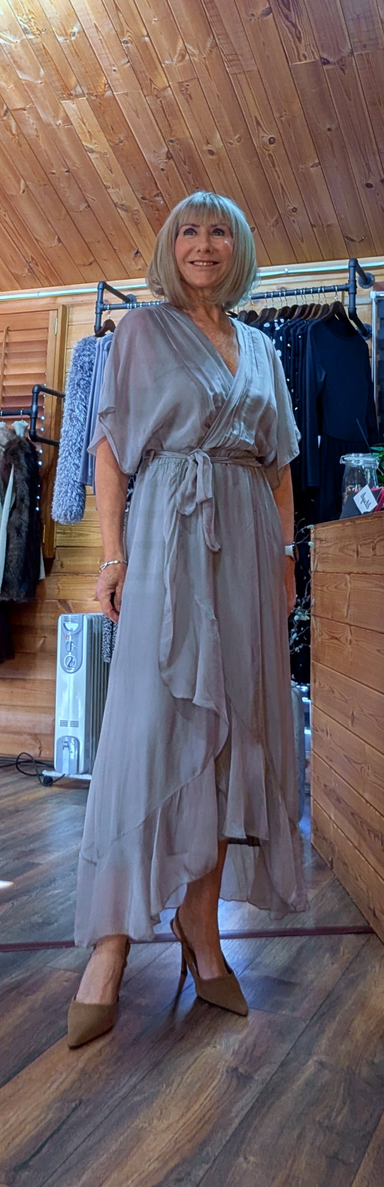 Elaine Silk Midi Wrap Dress with Tie Belt in Taupe 
