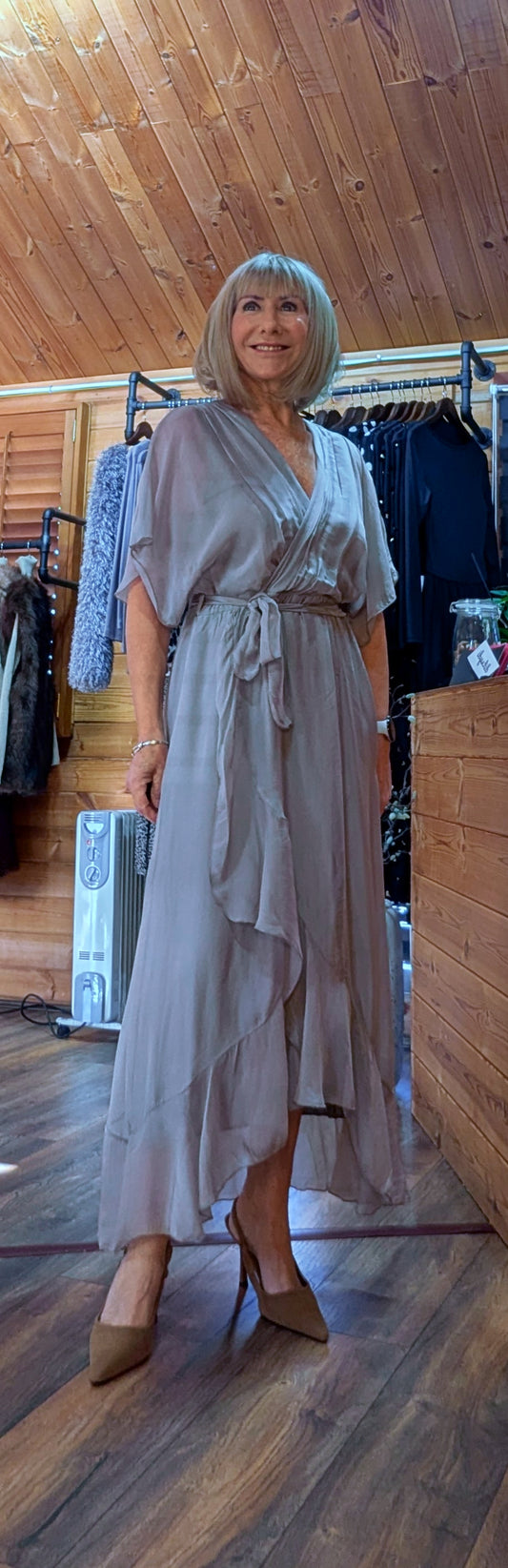 Elaine Silk Midi Wrap Dress with Tie Belt in Taupe 