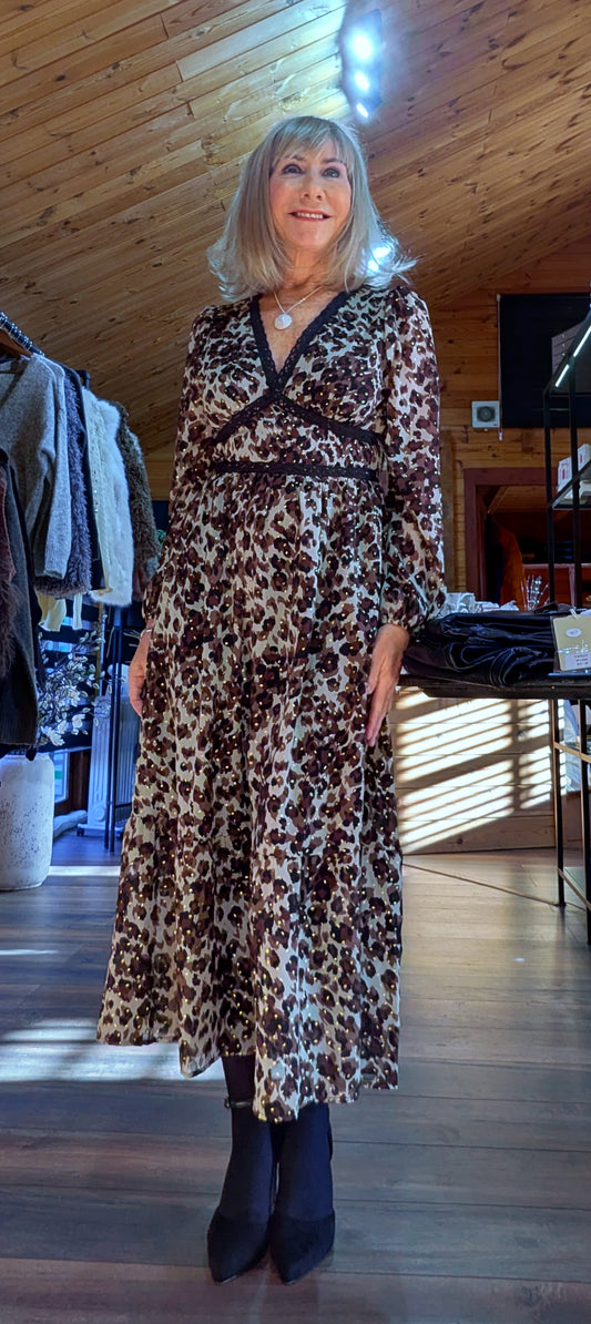 Caterina Leopard Print Dress – Lace Trim 
