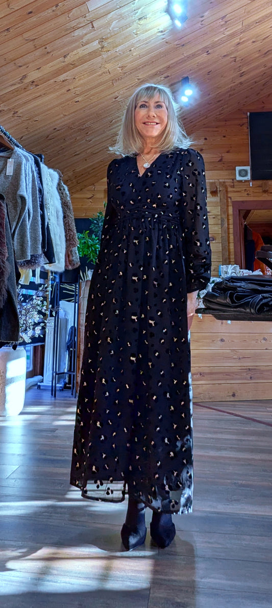 Lillie Black and  Gold Sequin Velvet Dress – Leopard Print