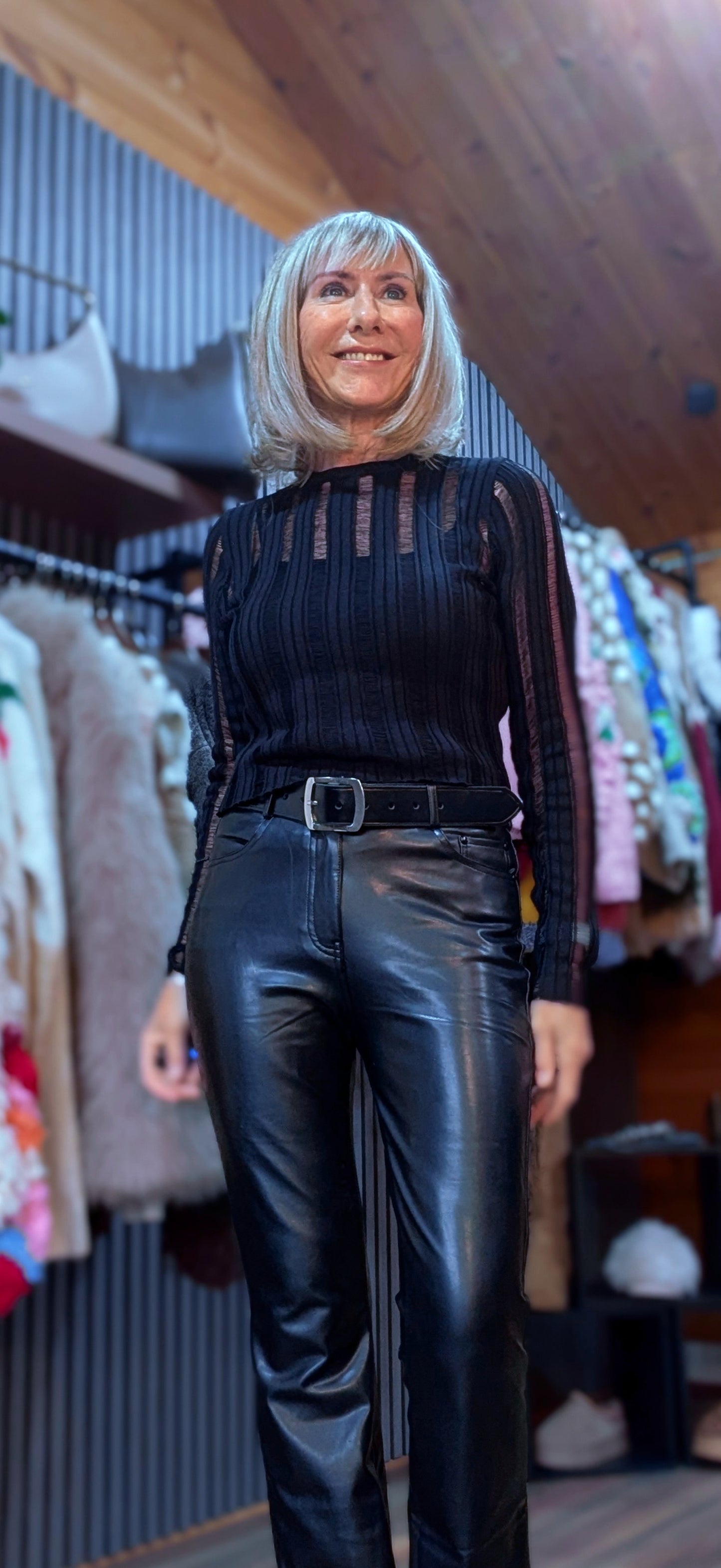 Cecile Black Semi-Transparent Top – Panel Print - Long Sleeves