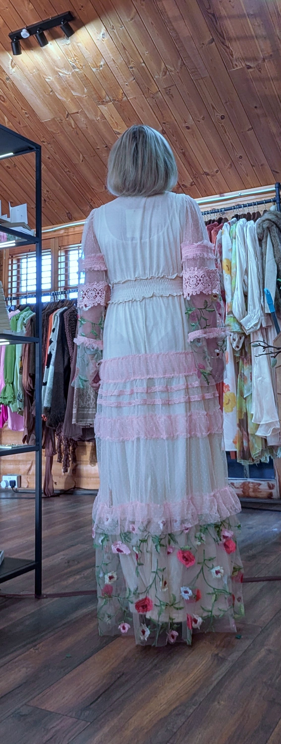 Stella Lace Bohemian Dress With Sheer Long Sleeves and Embroidery